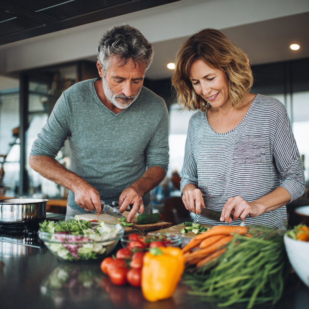 Middle-aged adults preparing balanced meal with fresh vegetables in modern kitchen