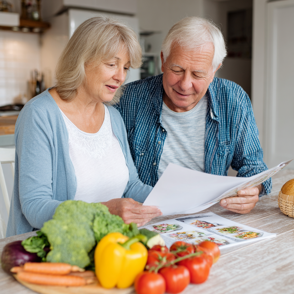 Older adult reviewing weekly meal plan with nutritionist at bright table